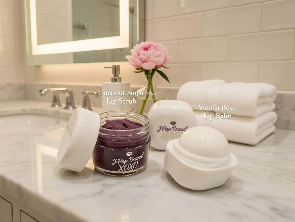 Lip Care Deluxe Bundle featuring Coconut Sugar Lip Scrub and Vanilla Bean Lip Balm on a bathroom counter.