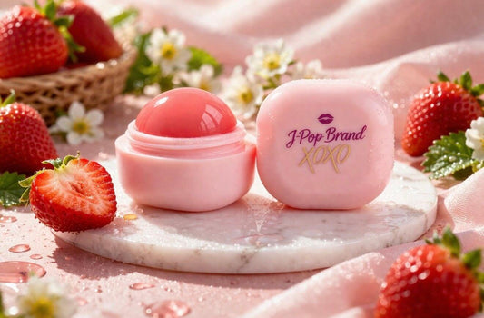 Lip Balm - Strawberry in a pink container surrounded by fresh strawberries and flowers, showcasing moisturizing properties.